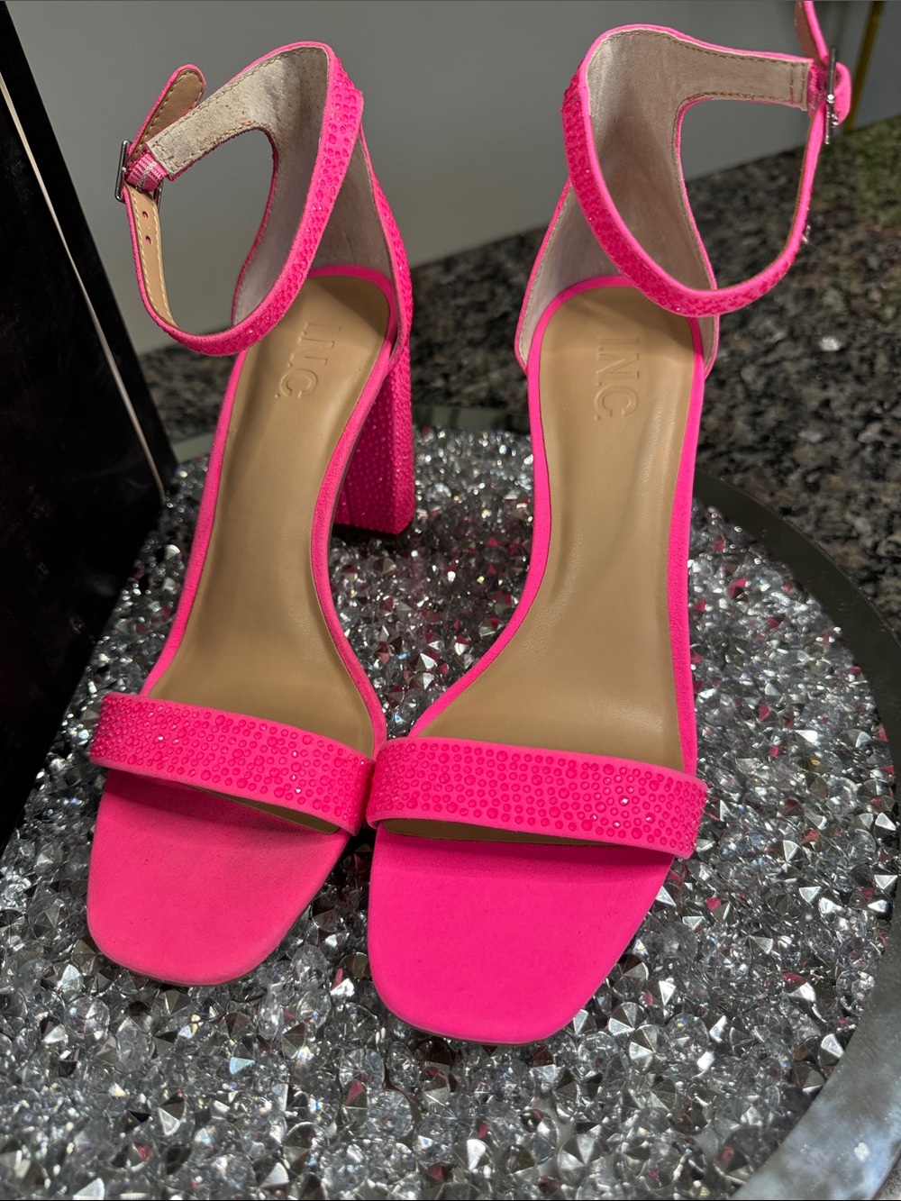INC International Concepts Neon Pink Block Heel Ankle Strap Sandals - Picture 5 of 14